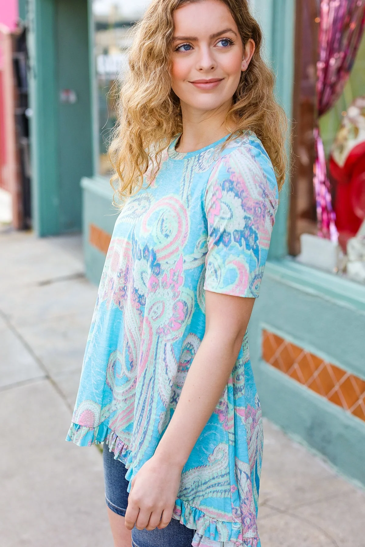 All About You Sky Blue Paisley Ruffle Hem Tunic Top (Open Pack) - Image 2