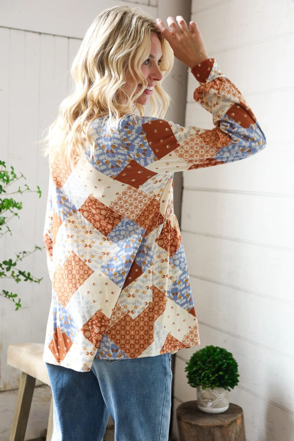 Spice/Frosty Blue Holiday Floral Patchwork Babydoll Knit Top - Image 6