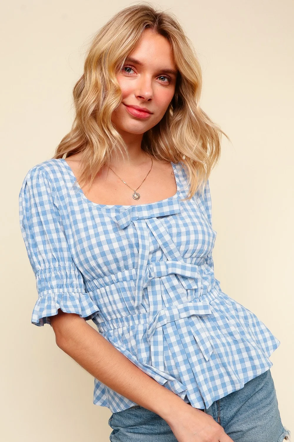 SQUARE NECK RIBBON BOW GINGHAM BLOUSE TOP - Image 6