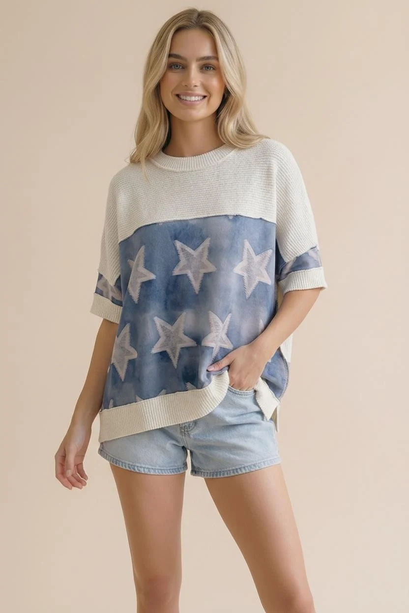 Star Print Color Block Knit Top - Image 5