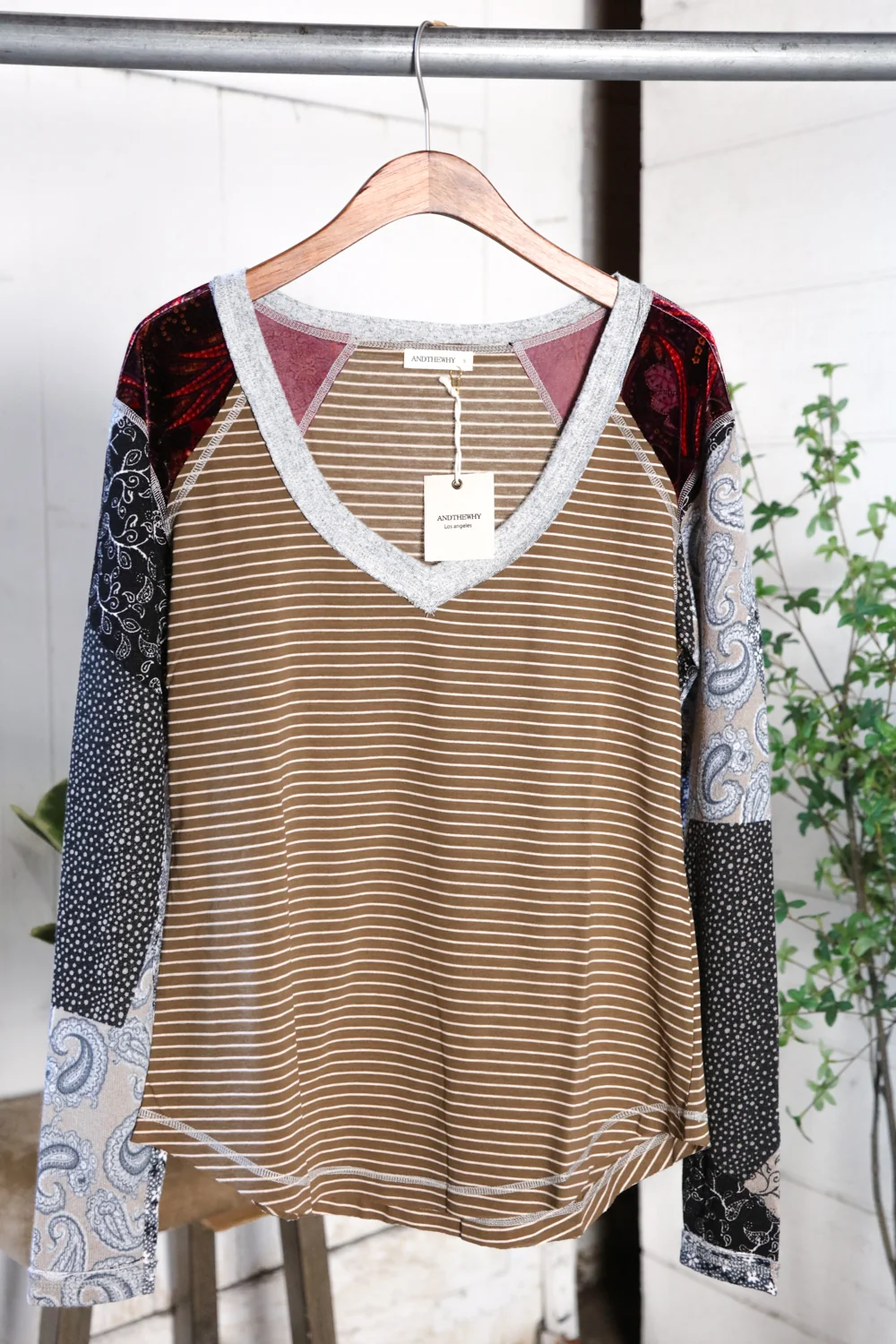 Stripe/Paisley V Neck Textured Long Sleeve