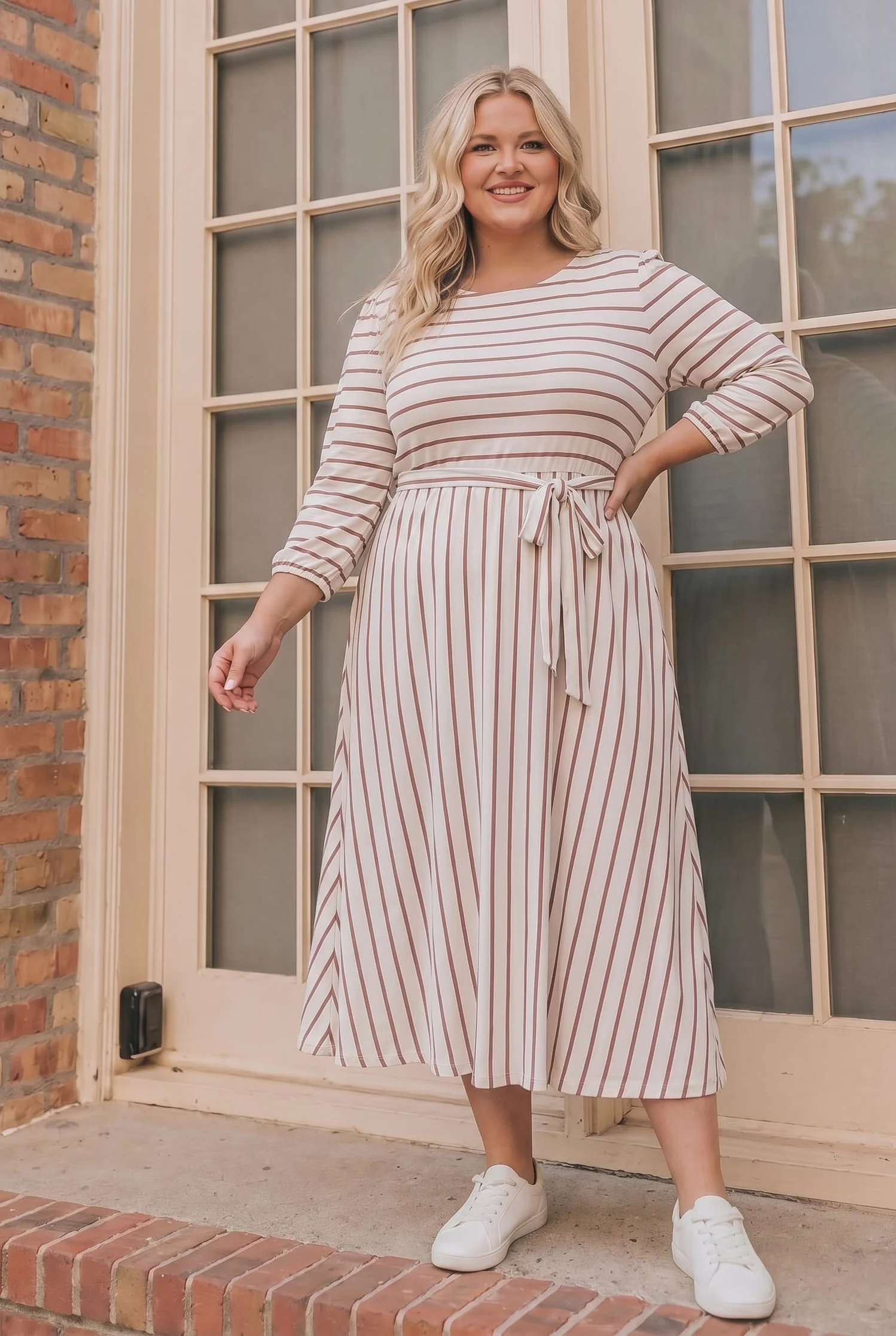 Plus Striped Babydoll Midi Dress with Tie Waist