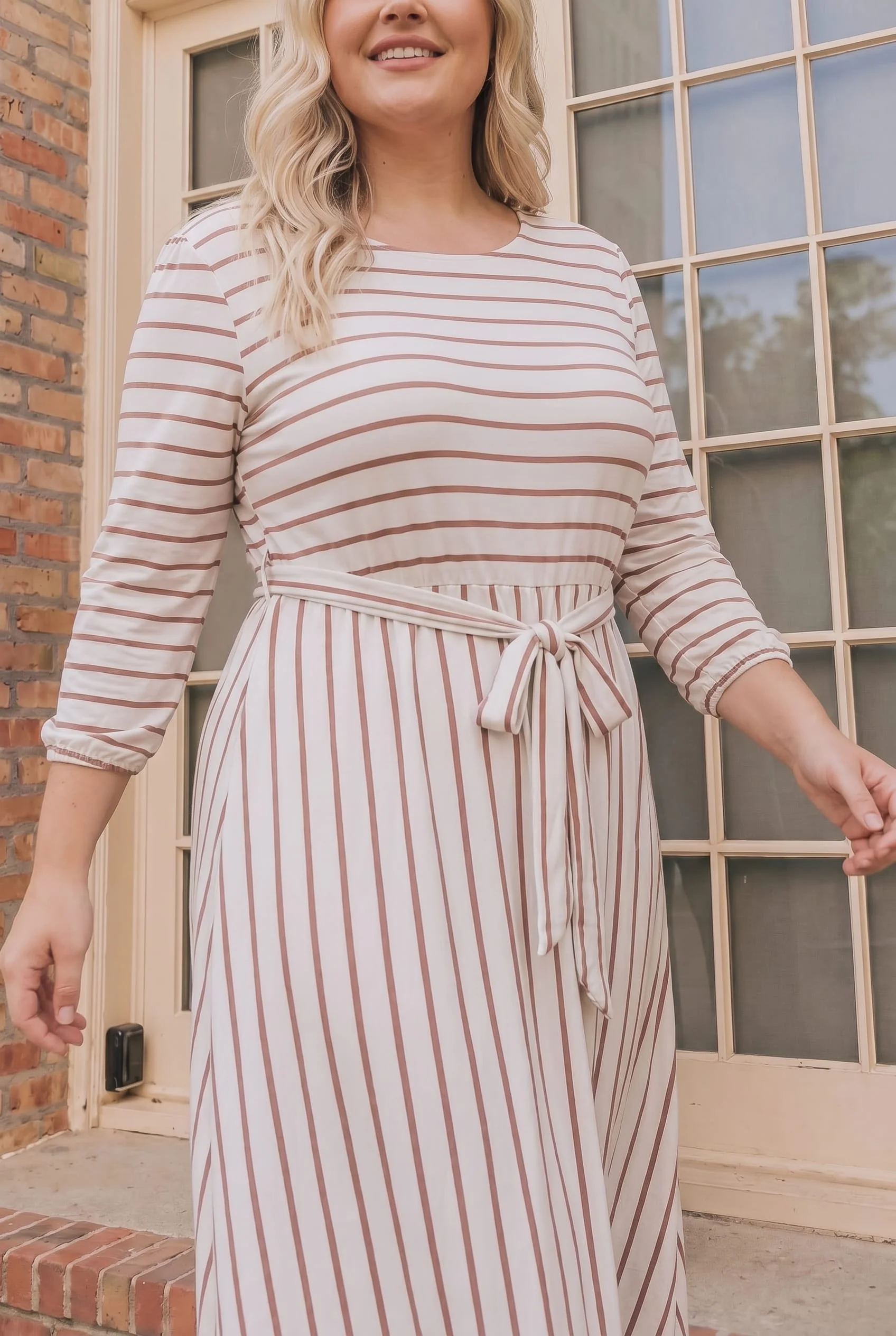 Plus Striped Babydoll Midi Dress with Tie Waist - Image 2