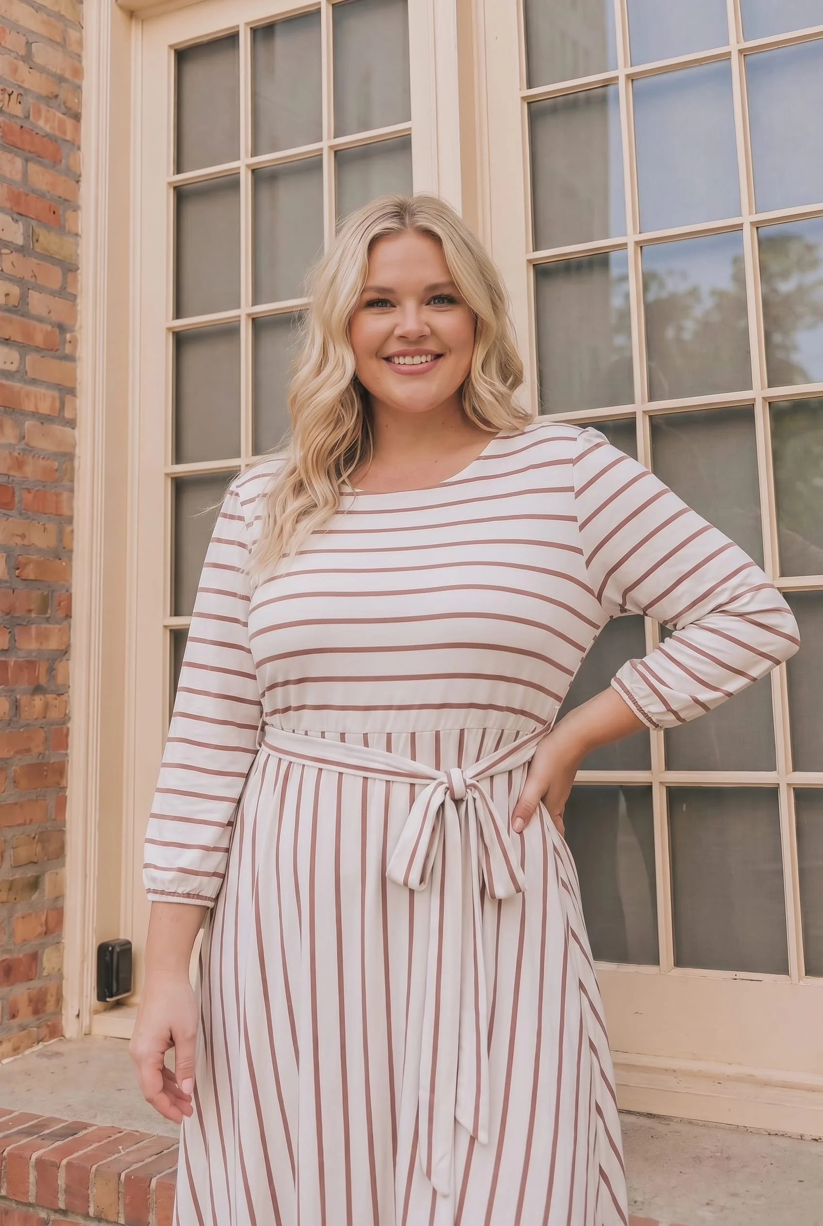 Plus Striped Babydoll Midi Dress with Tie Waist - Image 3