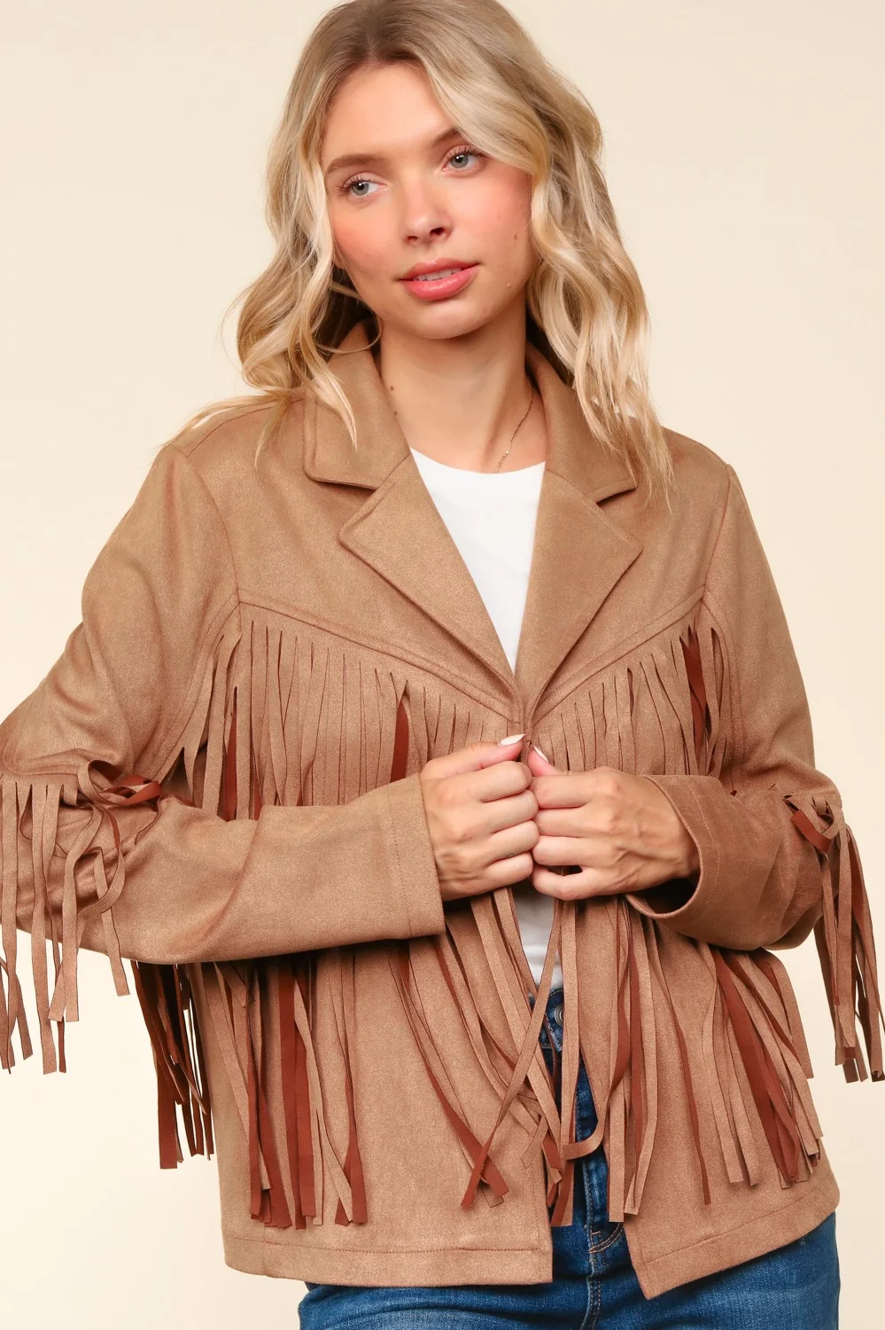 CAMEL SUEDE LONG SLEEVE FRINGE DETAIL OPEN JACKET - Image 7