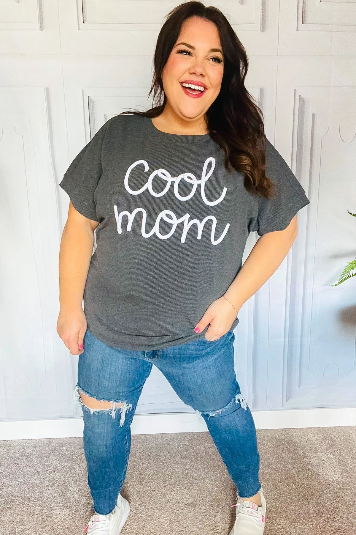 Take A Bow Charcoal "Cool Mom" Embroidery Pop-Up Rib Dolman Top (Open Pack) - Image 4