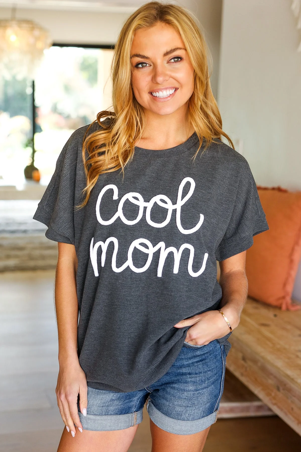 Take A Bow Charcoal "Cool Mom" Embroidery Pop-Up Rib Dolman Top (Open Pack) - Image 7