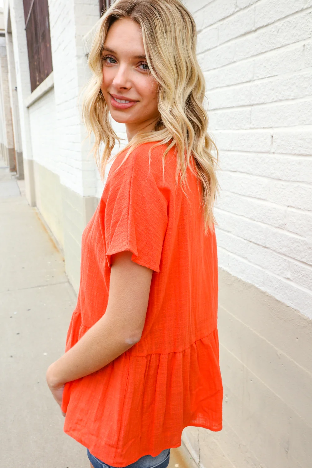 Tangerine Button Down Ruffle Tee - Image 5
