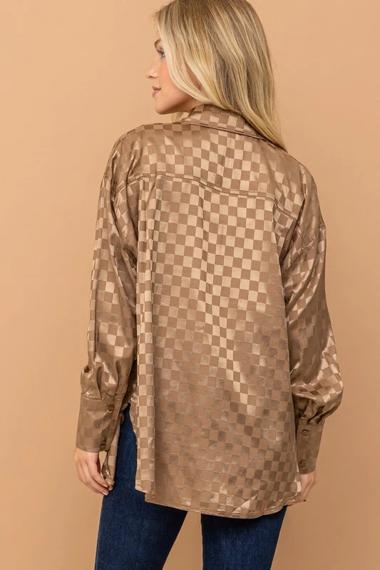 Taupe Checkered Silky Button Down Blouse - Image 4