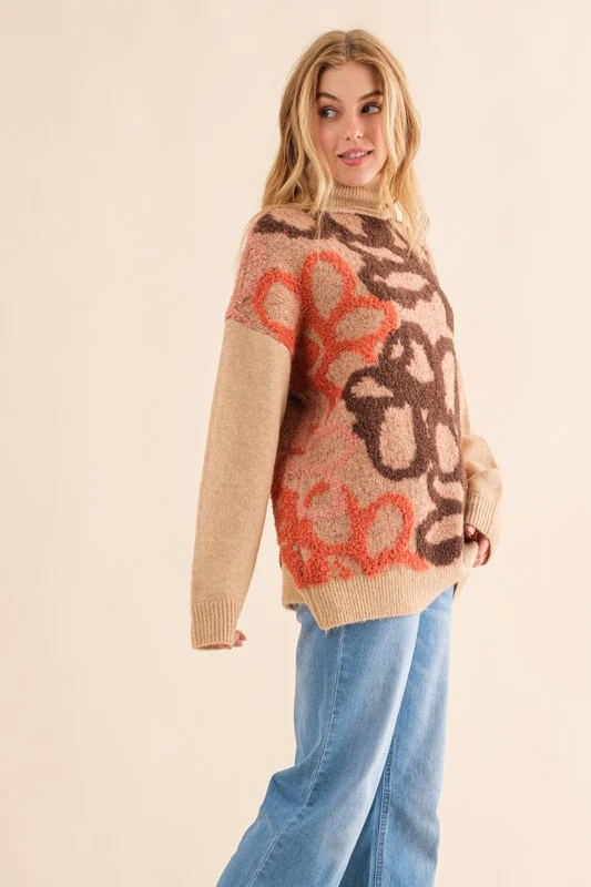 Taupe Floral Design Embellished Thick Sweater - Image 6