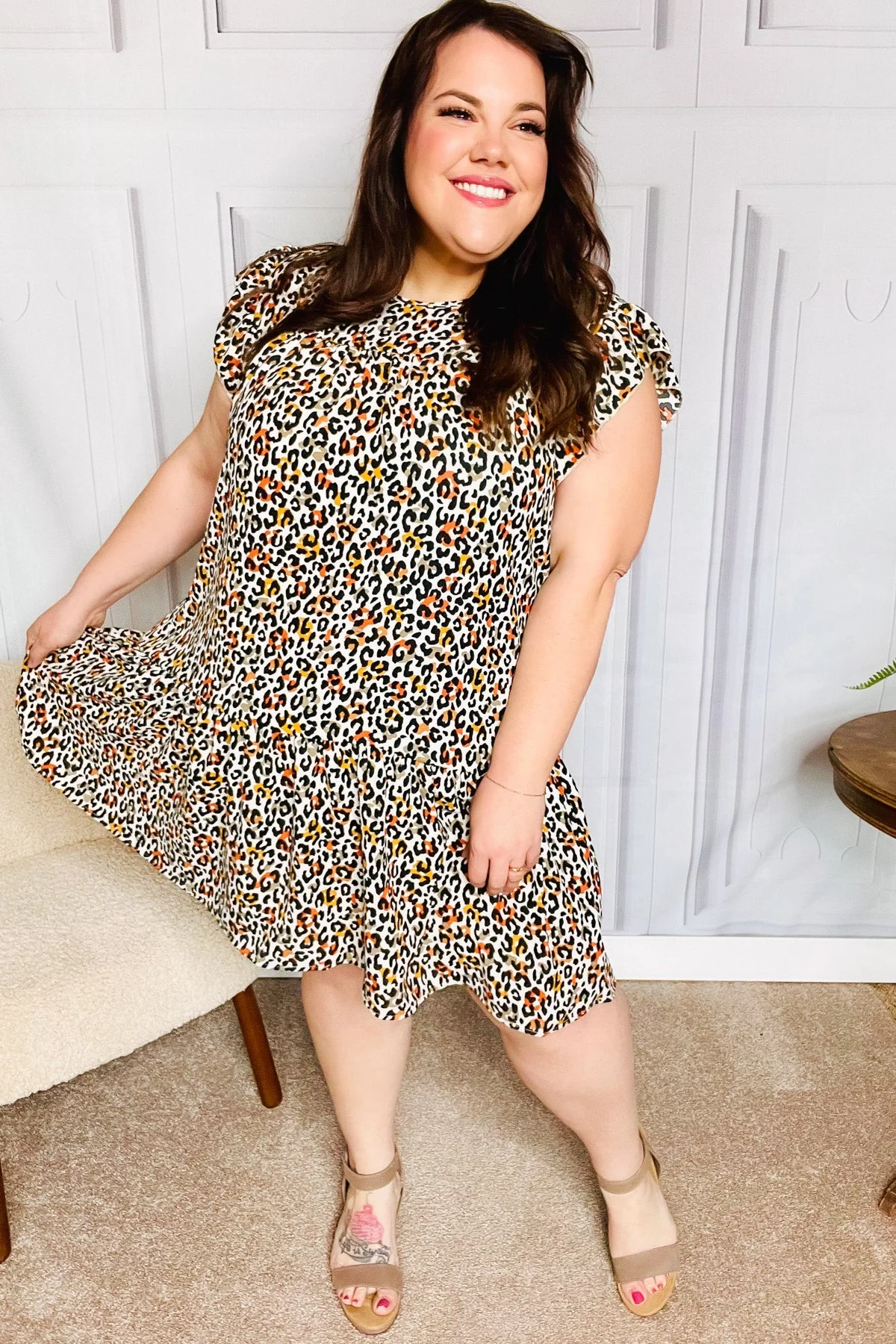 Feeling Bold Taupe Leopard Print Tiered Ruffle Sleeve Woven Dress (Open Pack) - Image 7
