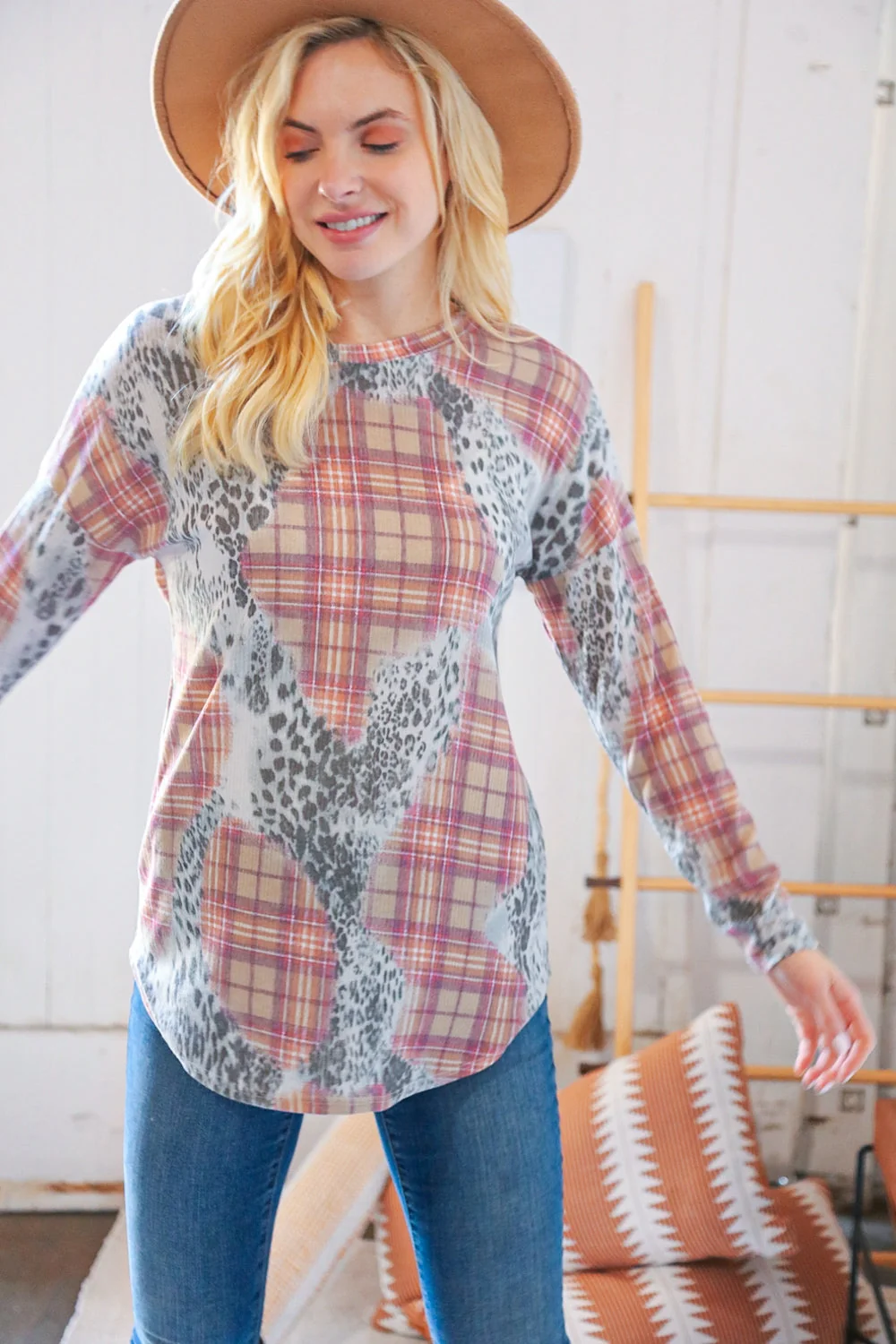 Taupe Leopard Plaid Rib Knit Round Neck Pullover (Open Pack) - Image 6