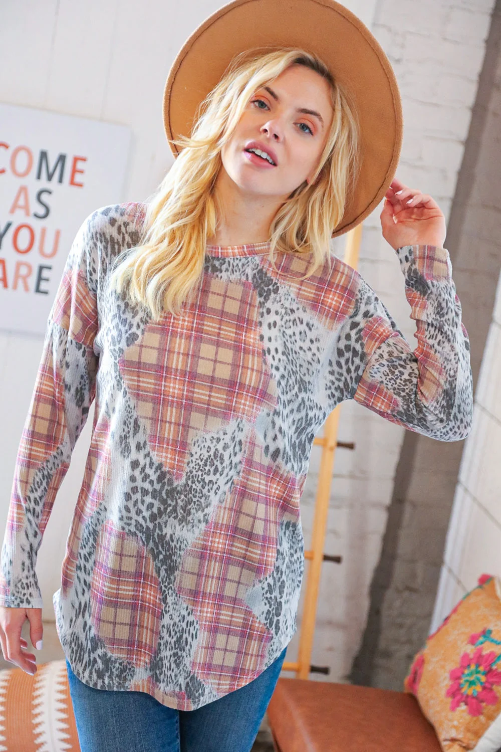 Taupe Leopard Plaid Rib Knit Round Neck Pullover (Open Pack) - Image 7