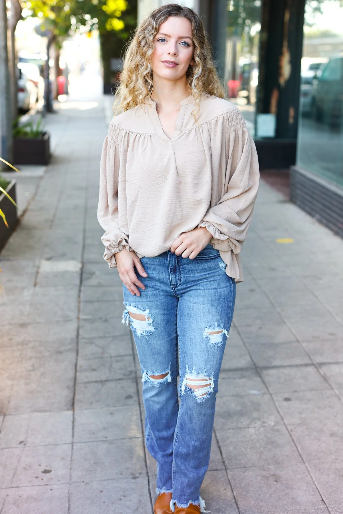 Boho Vibes Taupe Notched Neck Smocked Bubble Sleeve Top (Open Pack) - Image 13