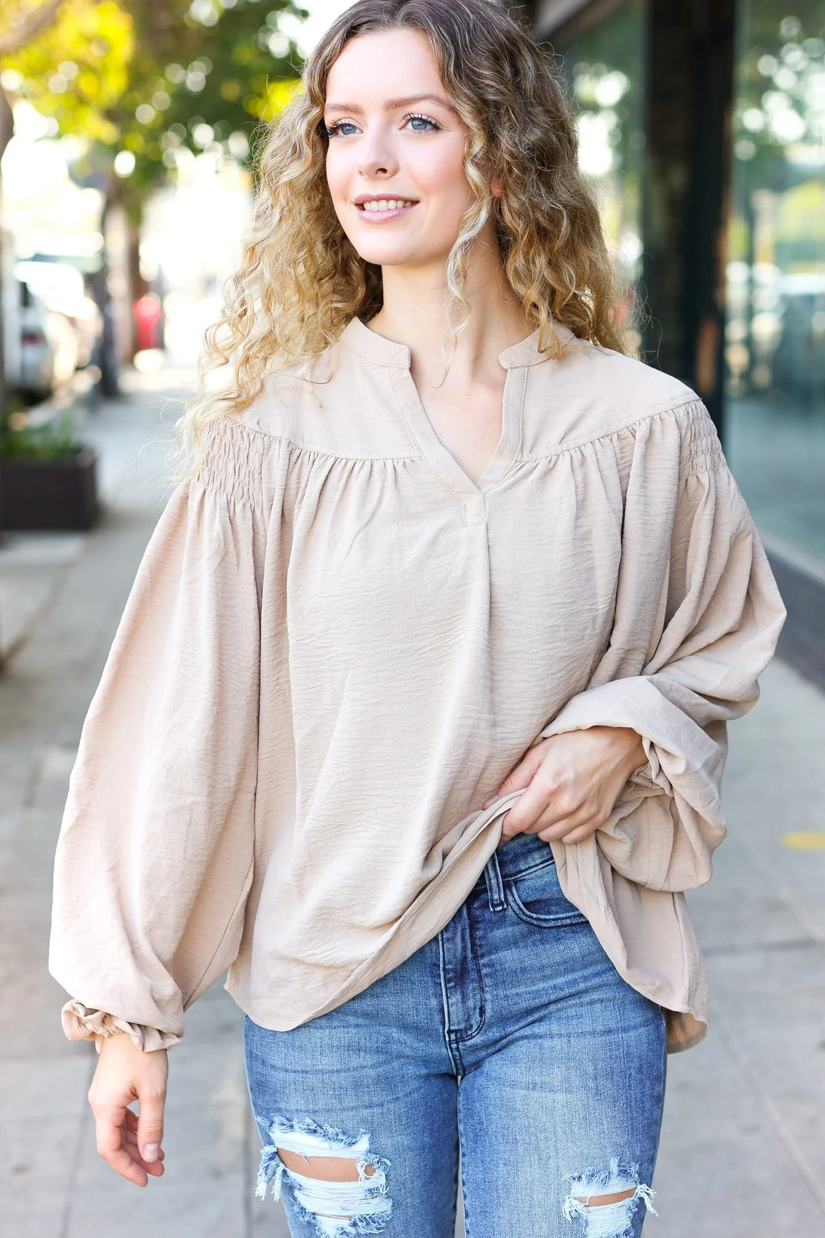 Boho Vibes Taupe Notched Neck Smocked Bubble Sleeve Top (Open Pack) - Image 16