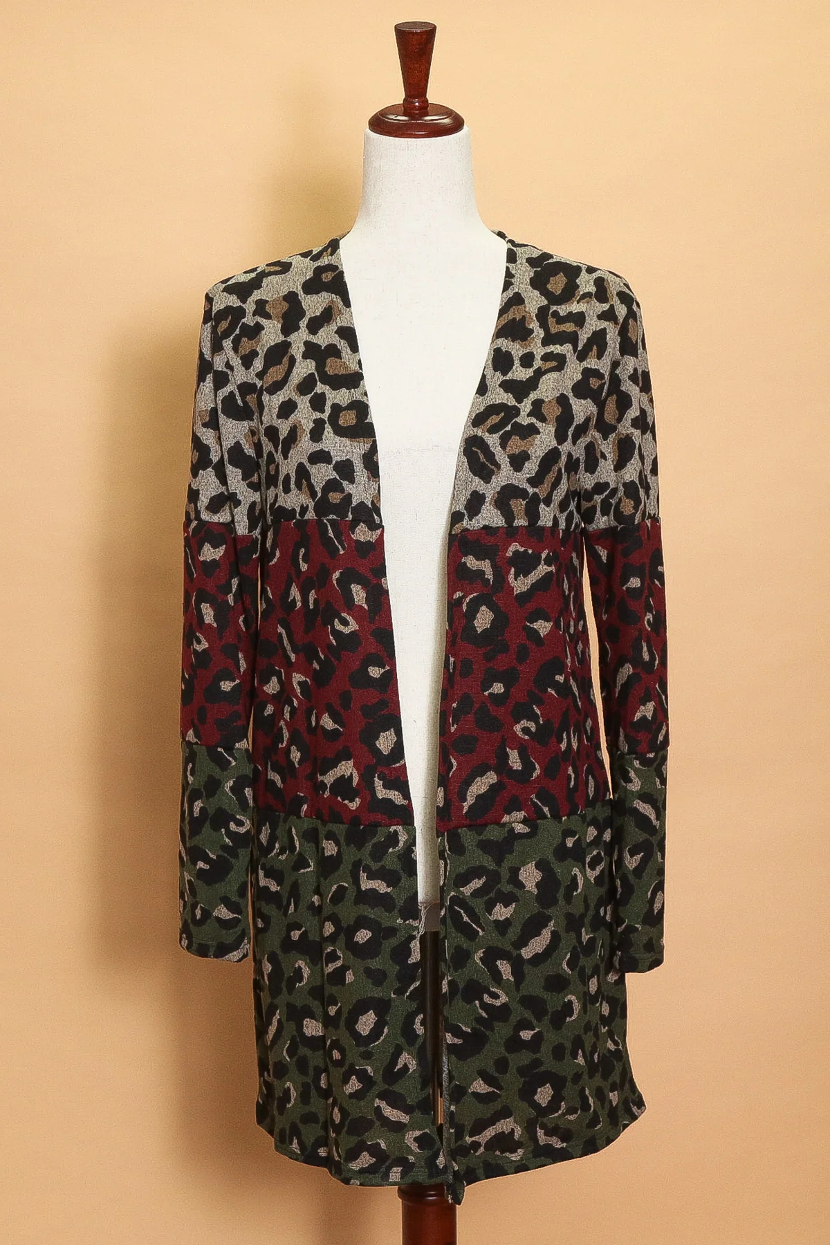 Taupe / Olive Green Color Block Animal Cardigan (4pc)