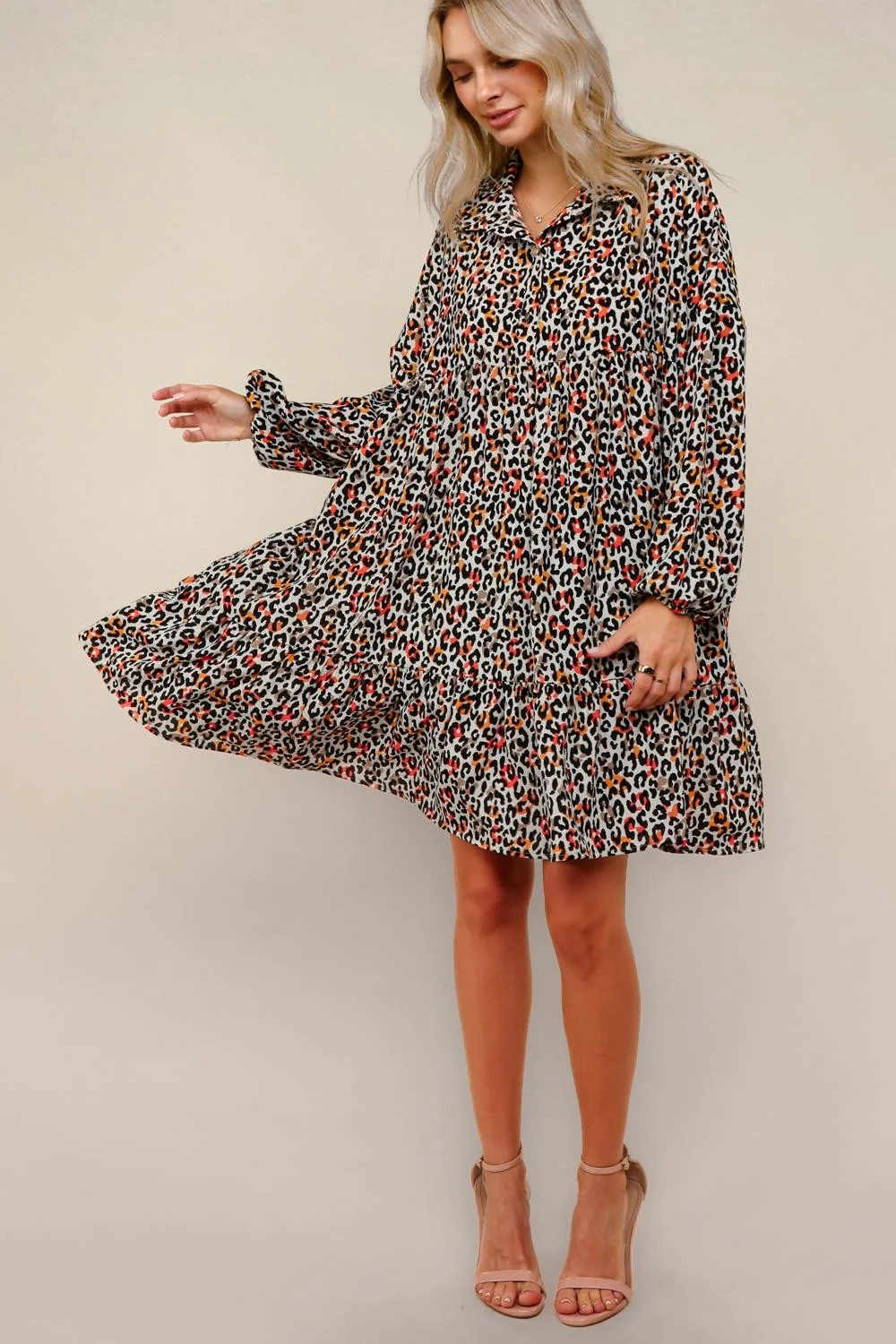Taupe Oversized Leopard Print Woven Midi Dress ( 3pc )