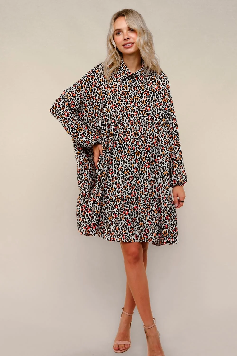 Taupe Oversized Leopard Print Woven Midi Dress ( 3pc ) - Image 2