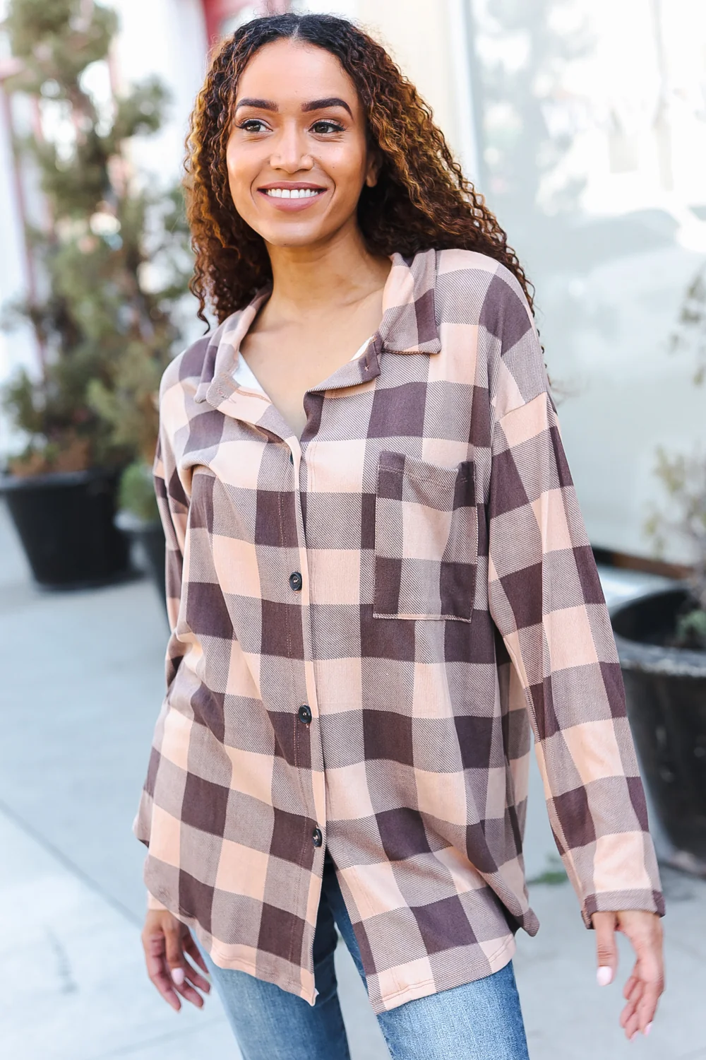 Taupe Plaid Button Down Holiday Top - Image 2