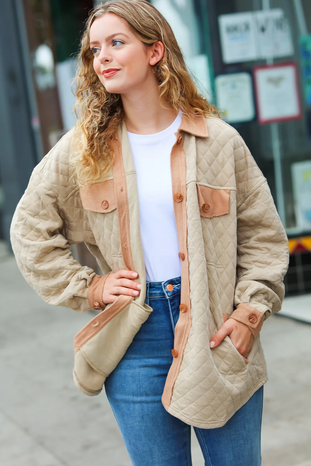Eyes On You Taupe Quilted Knit Button Down Shacket (Open Pack) - Image 6