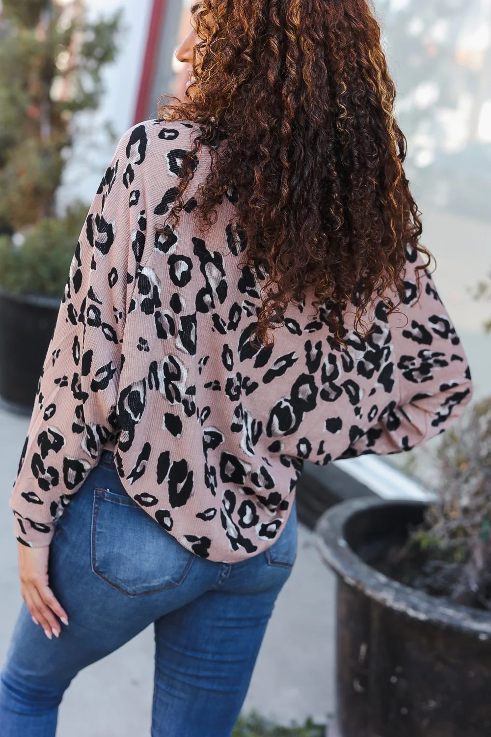 Mocha Ribbed Animal Print Henley Top - Image 5