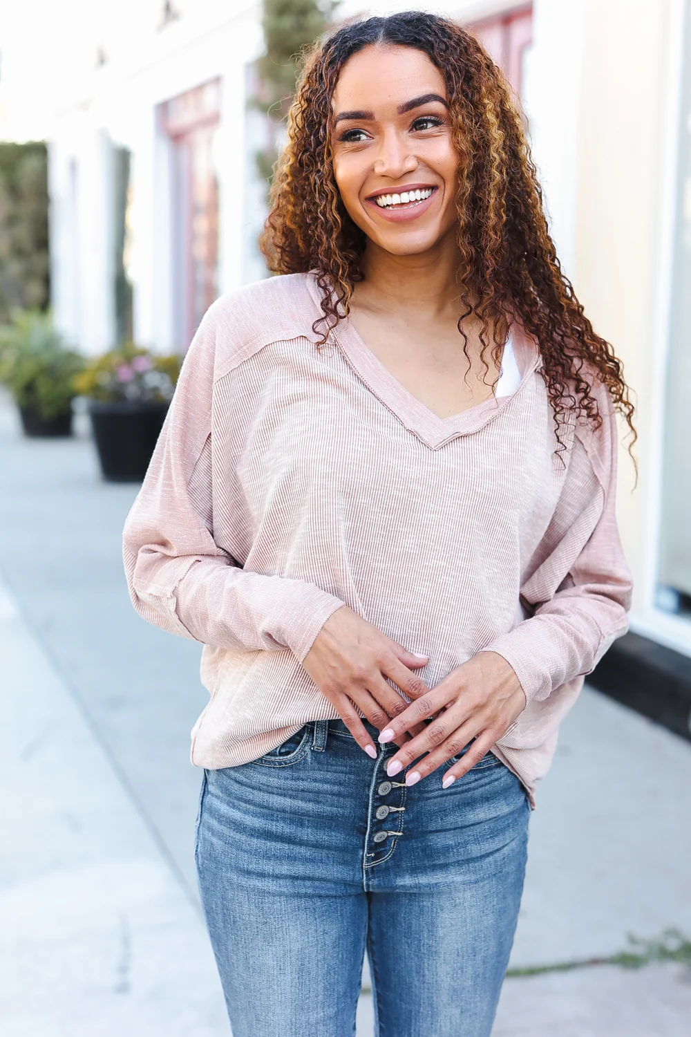 Taupe Ribbed Dolman Sleeve Top - Image 2