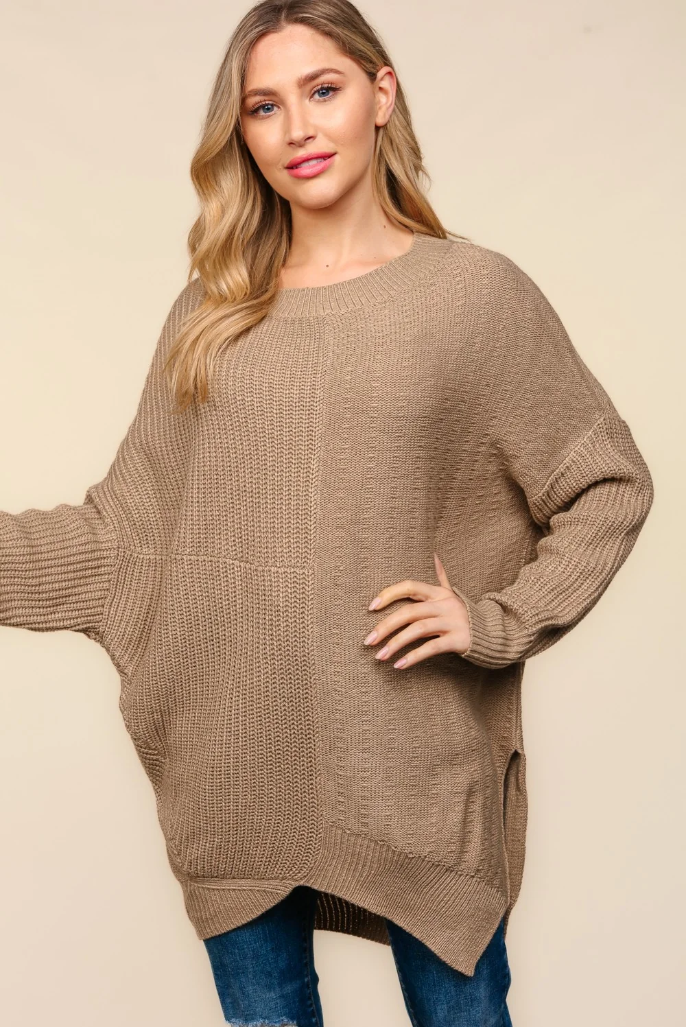 Taupe Round Neck Solid Patterned Asymmetric Hem Sweater - Image 2