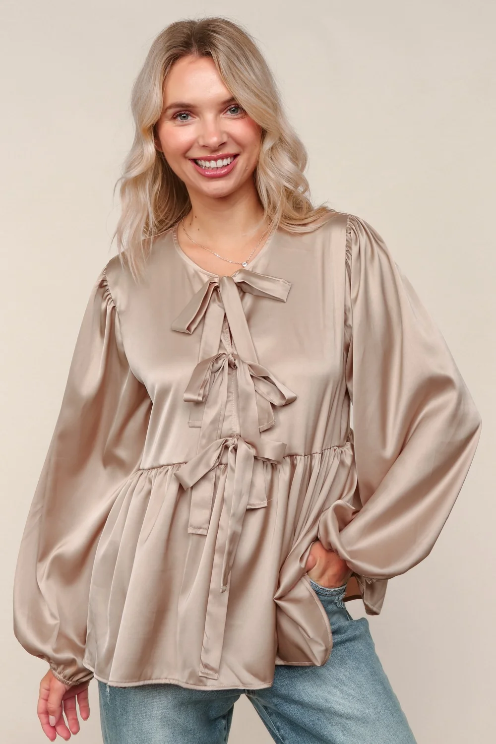 Taupe Satin Babydoll Top with Front Ribbon Tie - Image 2