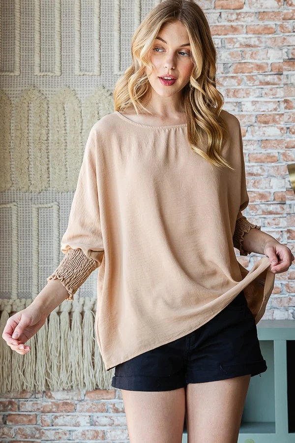 TAUPE SMOCKED THREE QUARTER BAND TOP - Image 2