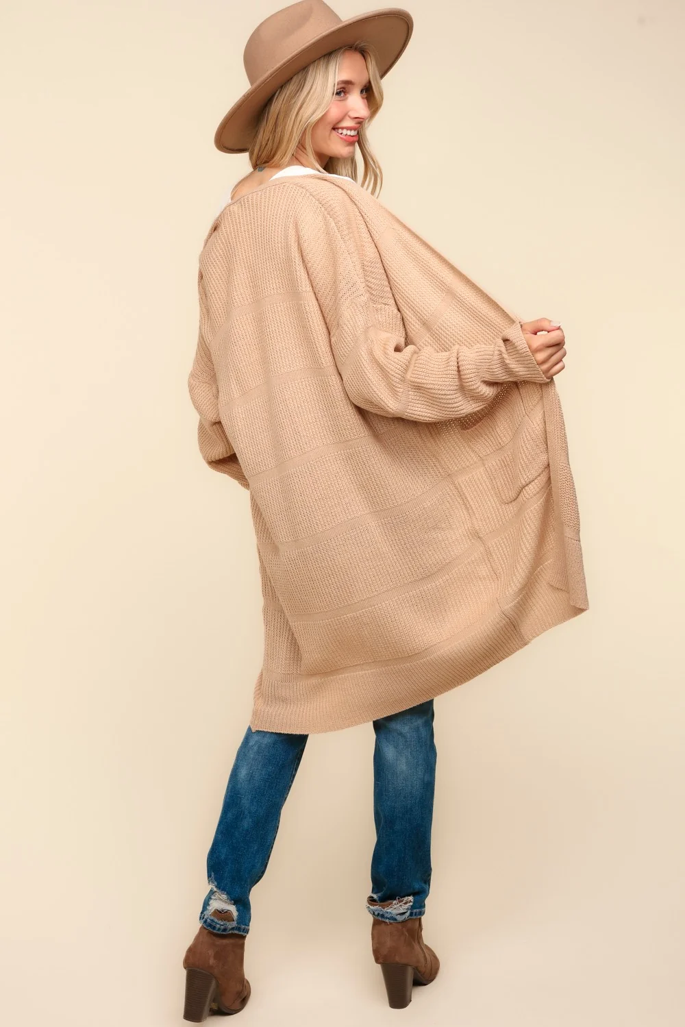 Taupe Solid Stripe Patterned Textured Open Pocketed Cardigan - Image 3