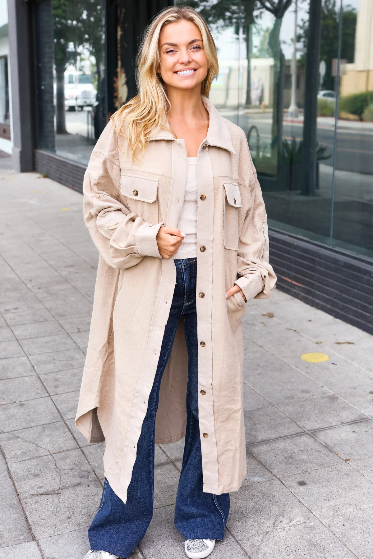 Taupe Textured Button Down Duster Coat - Image 3