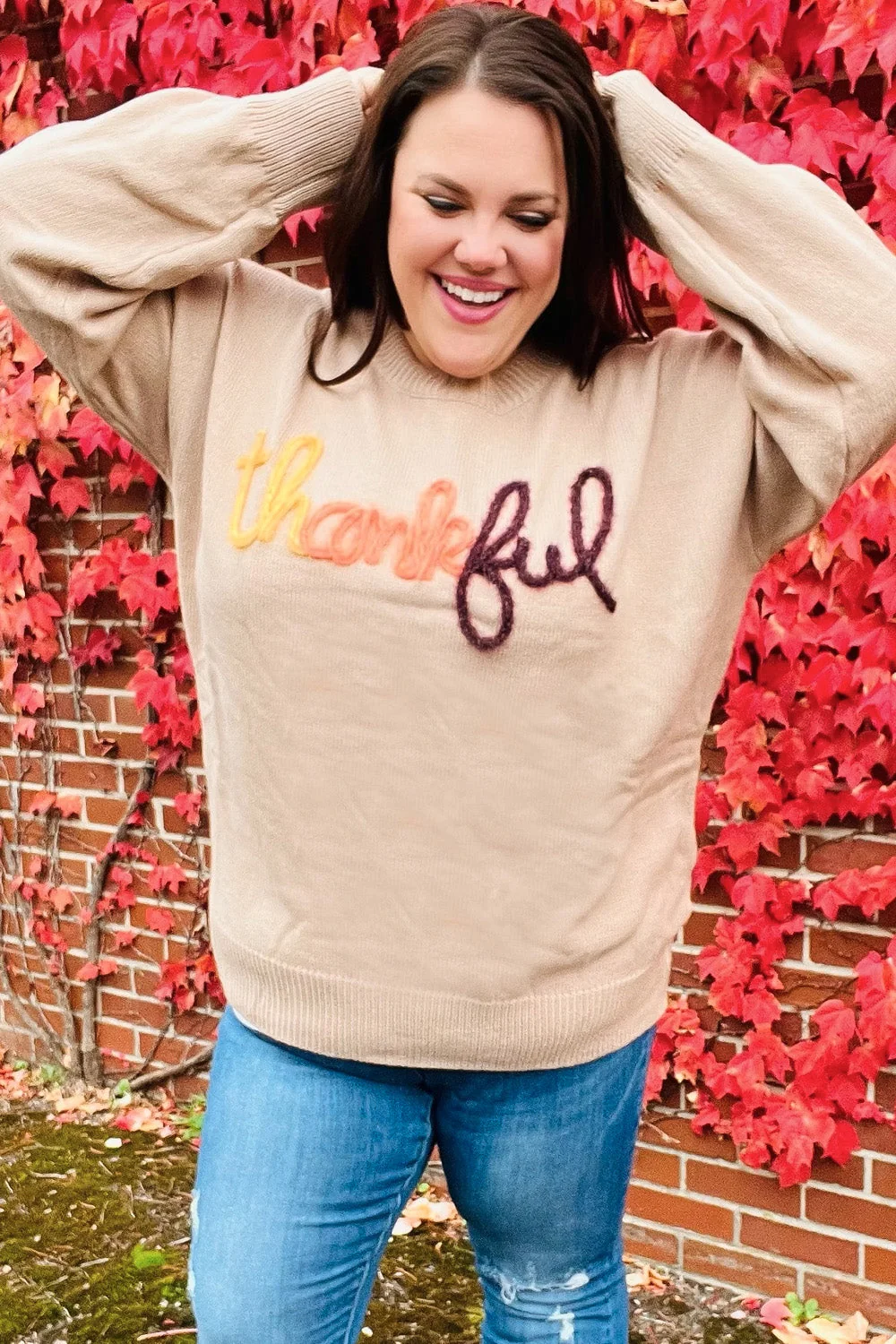 Feeling Thankful Taupe Pop Up Glittery Embroidery Sweater (Open Pack) - Image 9