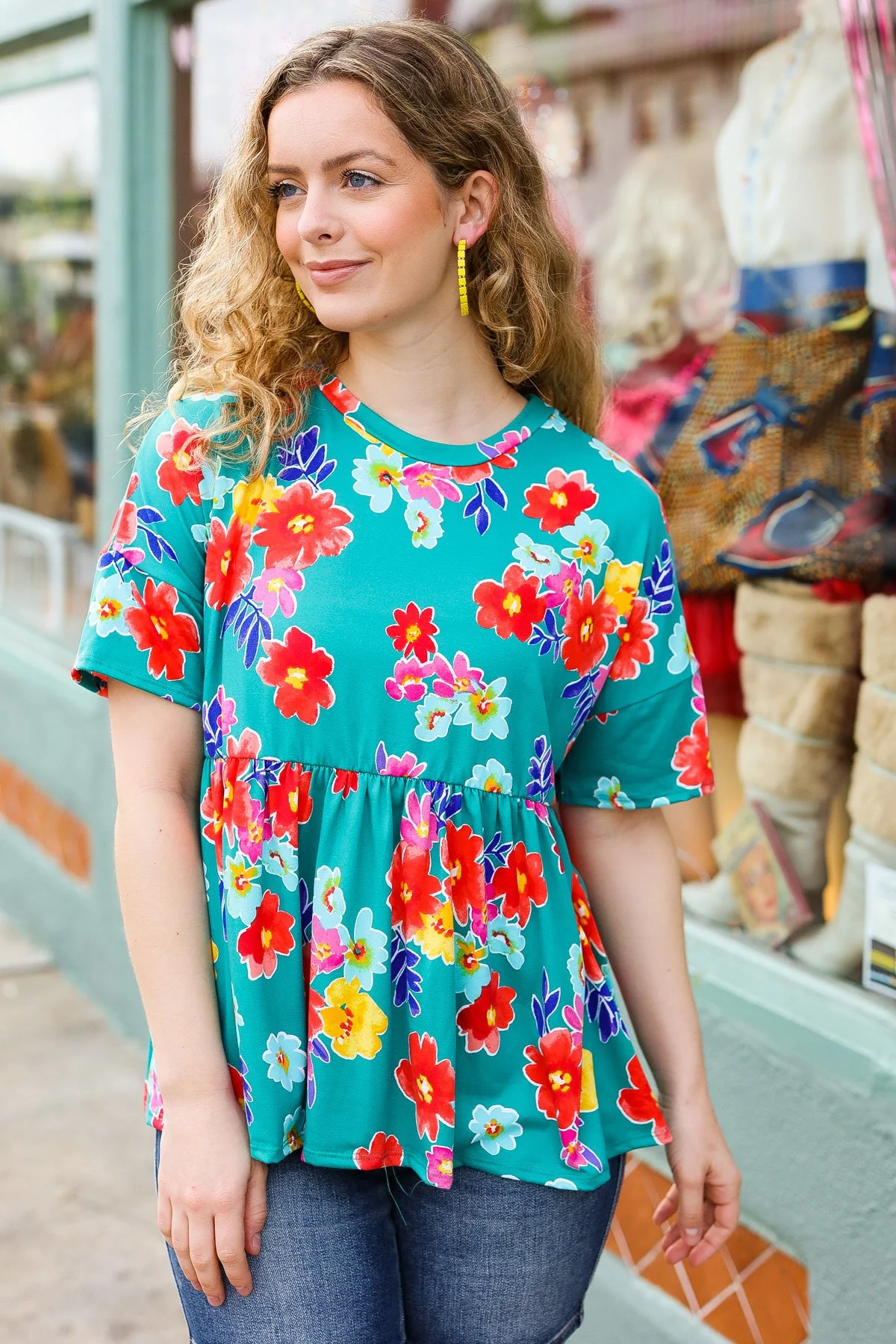 Take Me Away Teal Floral Drop Shoulder Babydoll Top (Open Pack) - Image 4