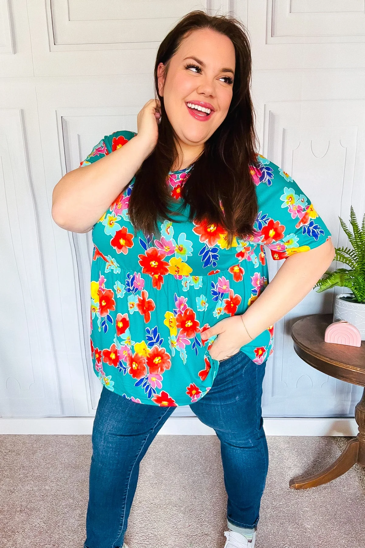 Take Me Away Teal Floral Drop Shoulder Babydoll Top (Open Pack) - Image 7