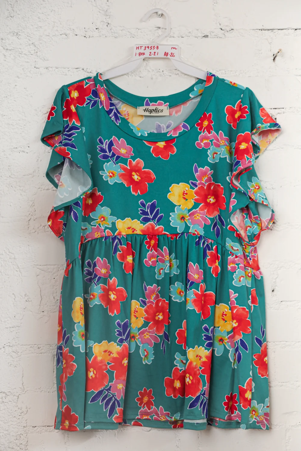 Teal Floral Peplum Ruffle Short Sleeve Knit Top (5pc)