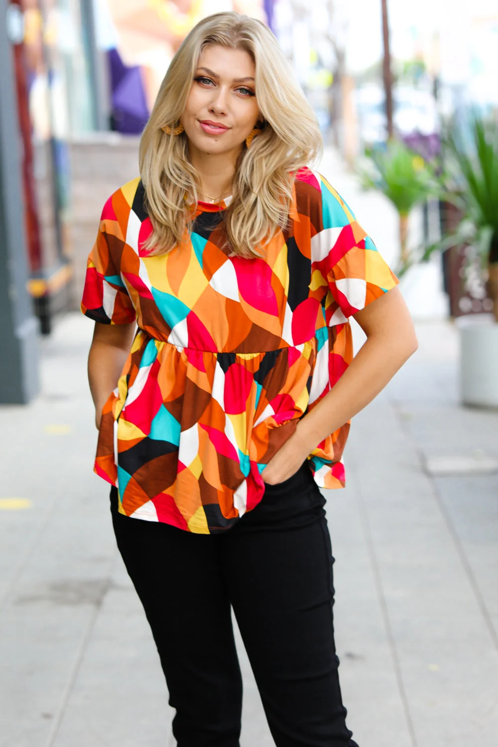 Teal & Mustard Geo Print Drop Shoulder Babydoll Top (Open Pack) - Image 3