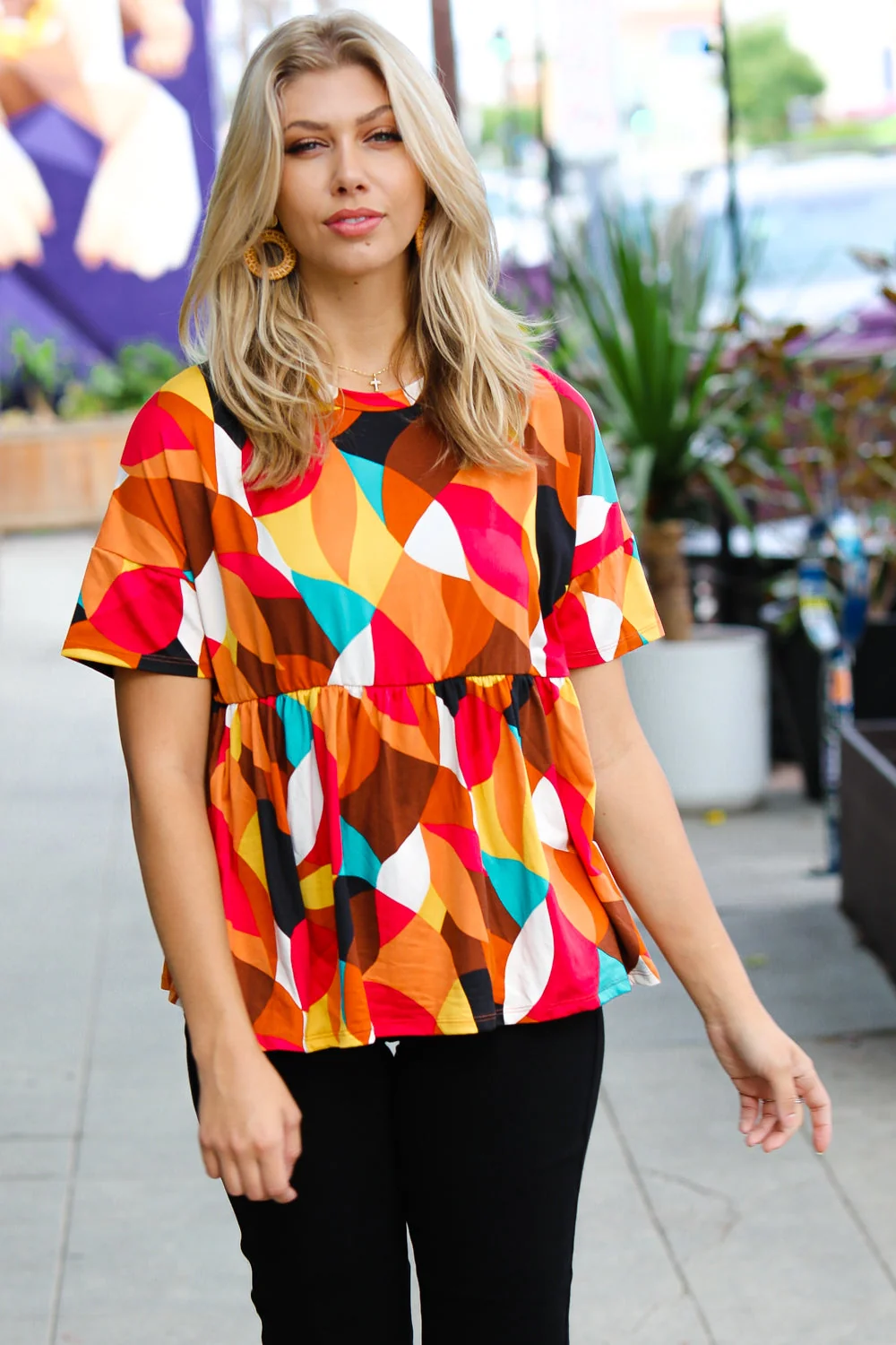 Teal & Mustard Geo Print Drop Shoulder Babydoll Top (Open Pack) - Image 8