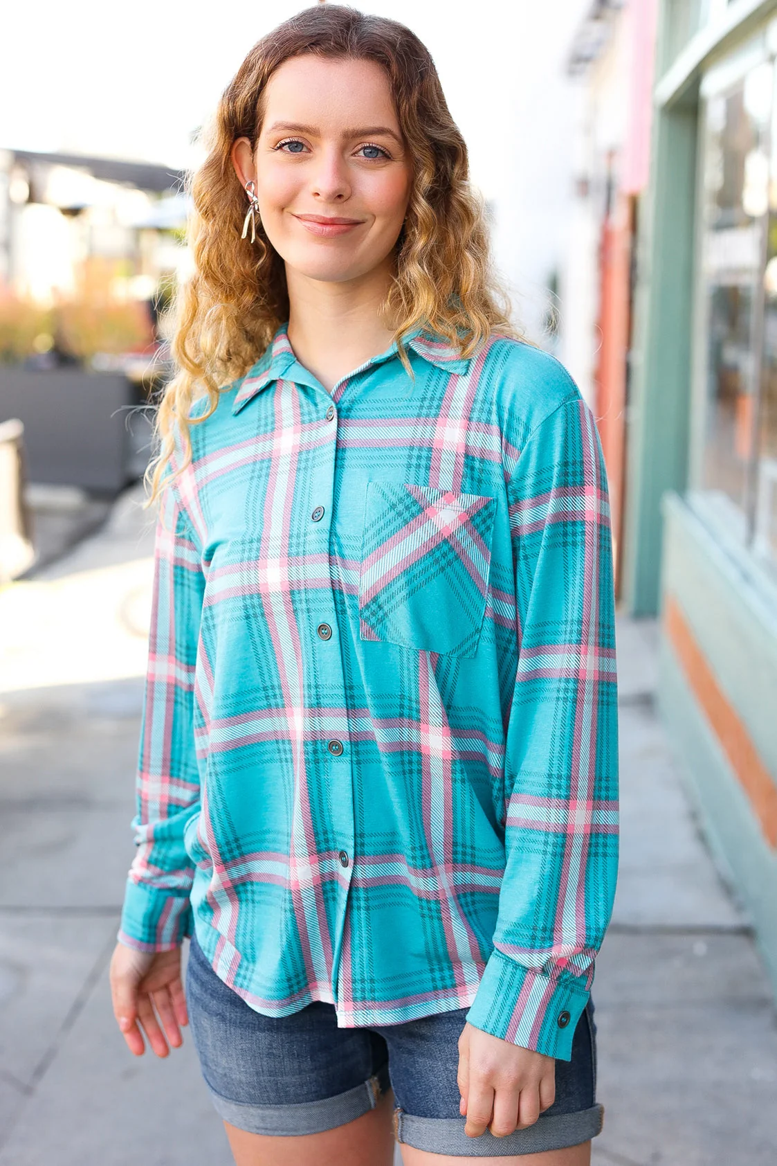 Teal & Pink Plaid Front Pocket Shacket (Open Pack) - Image 12