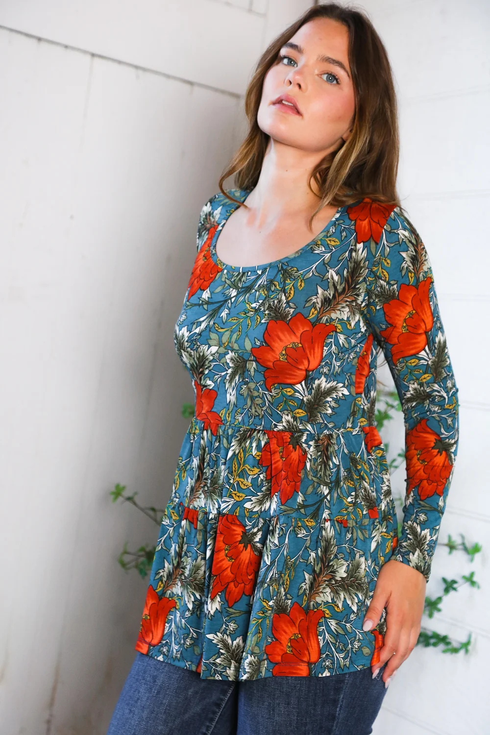 Teal & Red Long Sleeve Floral Print Babydoll - Image 4