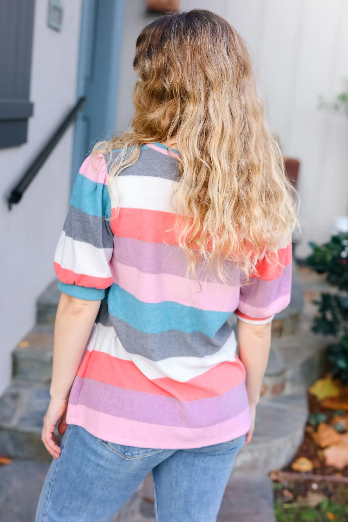 Look Out Teal & Rose Striped Hacci Knit Puff Sleeve Top (Open Pack) - Image 11