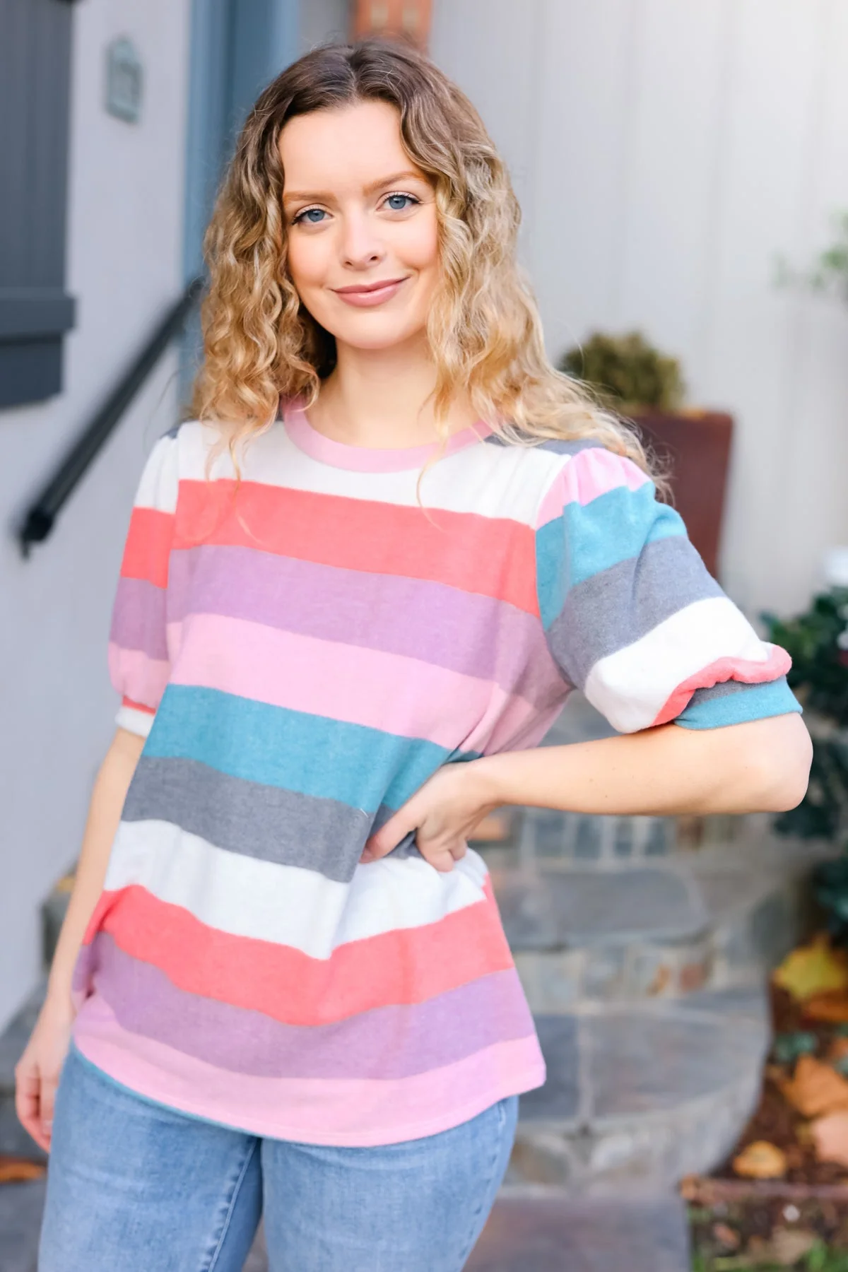 Look Out Teal & Rose Striped Hacci Knit Puff Sleeve Top (Open Pack) - Image 9
