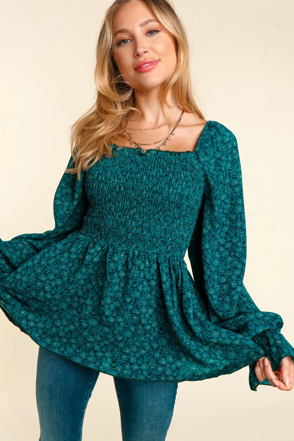 TEAL SMOCKING FIT AND FLARE BUBBLE LONG SLEEVE TOP - Image 3