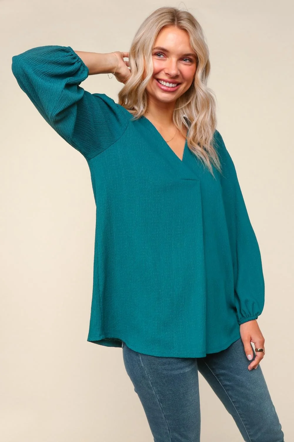 Teal Solid V Neck Textured Woven Blouse