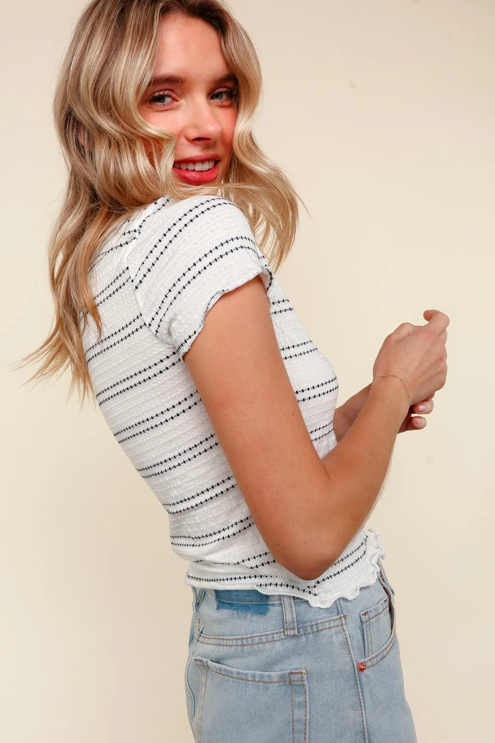 TEXTURED STRIPE FRILLED HEM SHORT SLEEVE TOP - Image 6