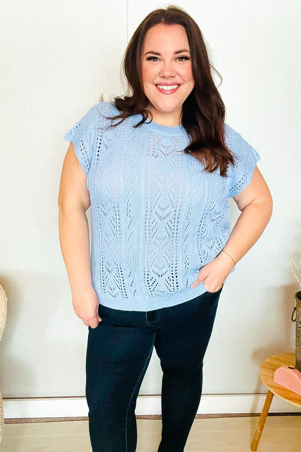 The Perfect Find Sky Blue Dolman Short Sleeve Crochet Sweater Top (Open Pack) - Image 12