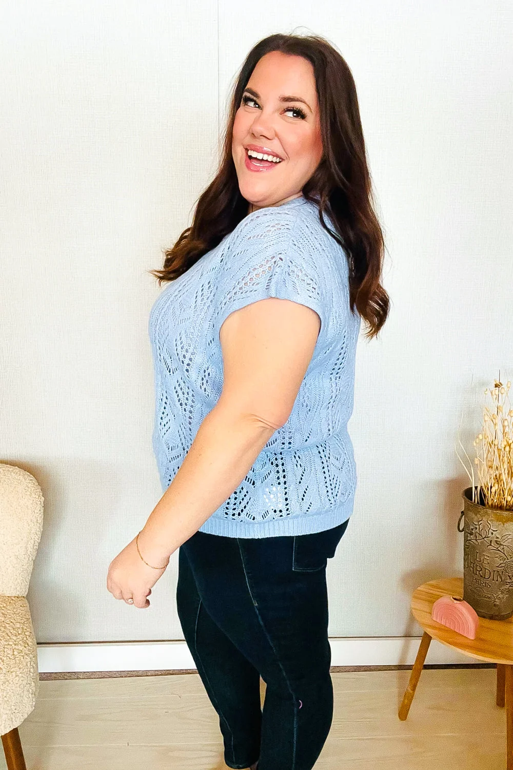 The Perfect Find Sky Blue Dolman Short Sleeve Crochet Sweater Top (Open Pack) - Image 19