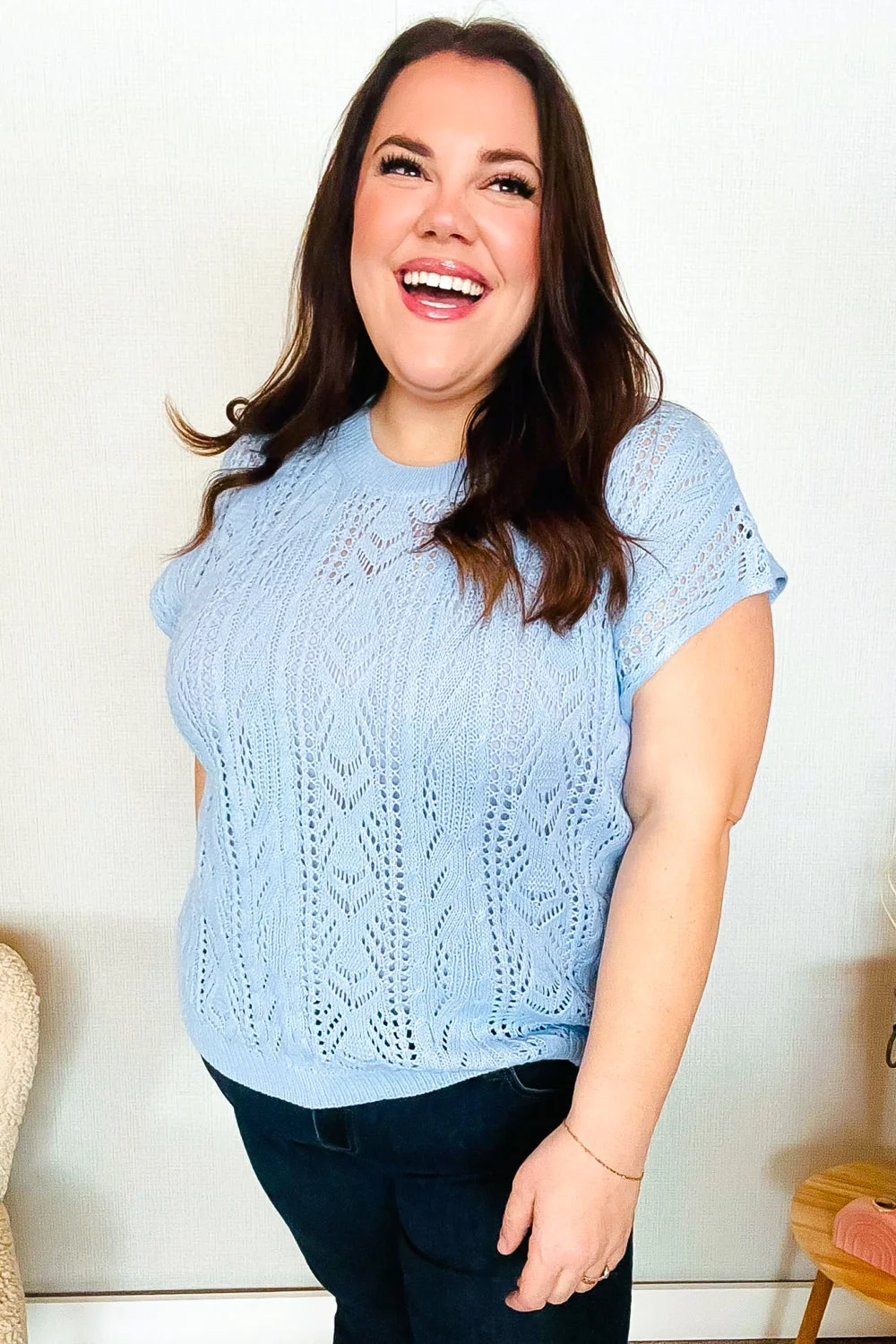 The Perfect Find Sky Blue Dolman Short Sleeve Crochet Sweater Top (Open Pack) - Image 24