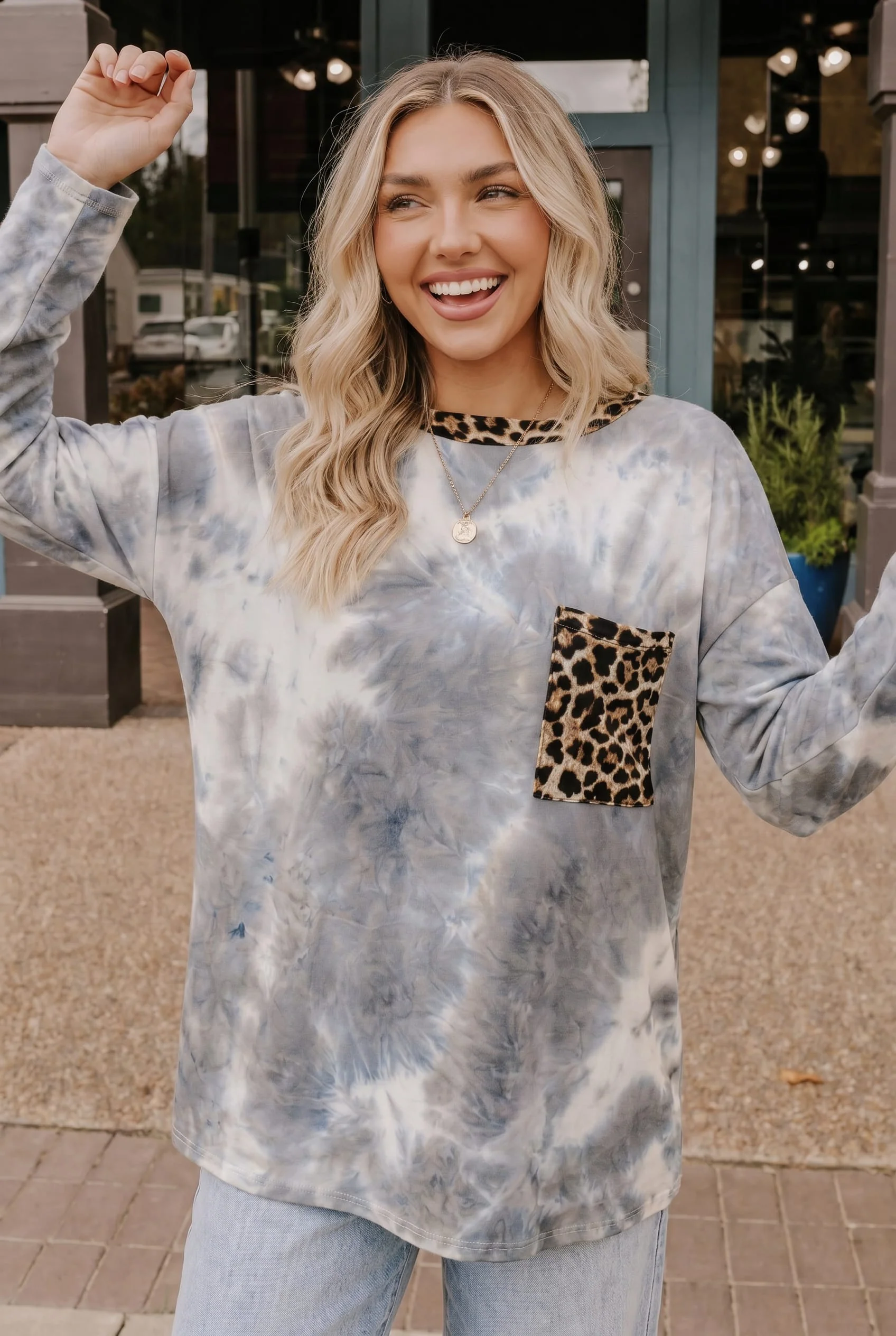Tie Dye Long Sleeve Top with Leopard Print Accents - Image 3