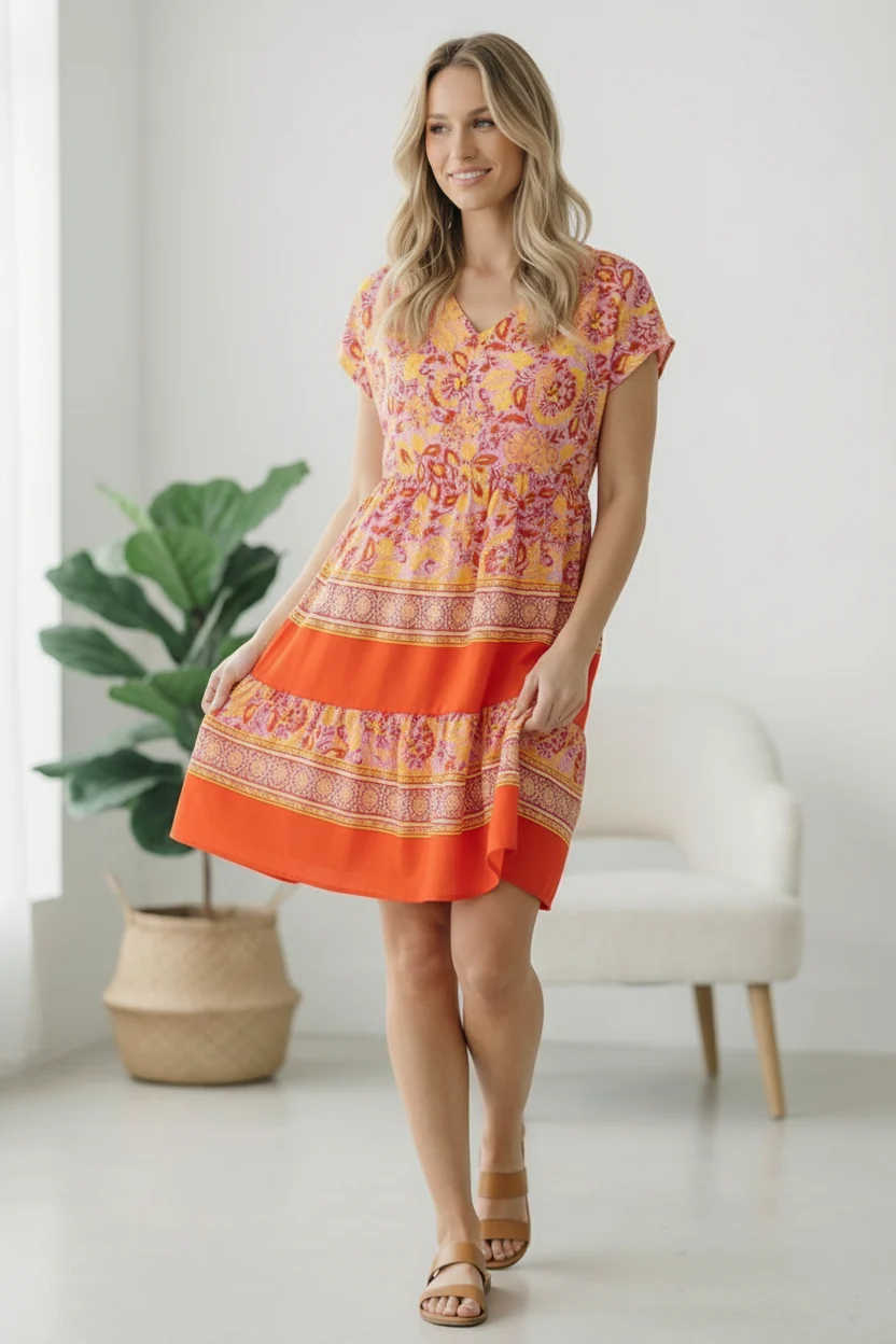 TIERED KNEE LENGTH FLORAL BORDER PRINT DRESS - Image 2