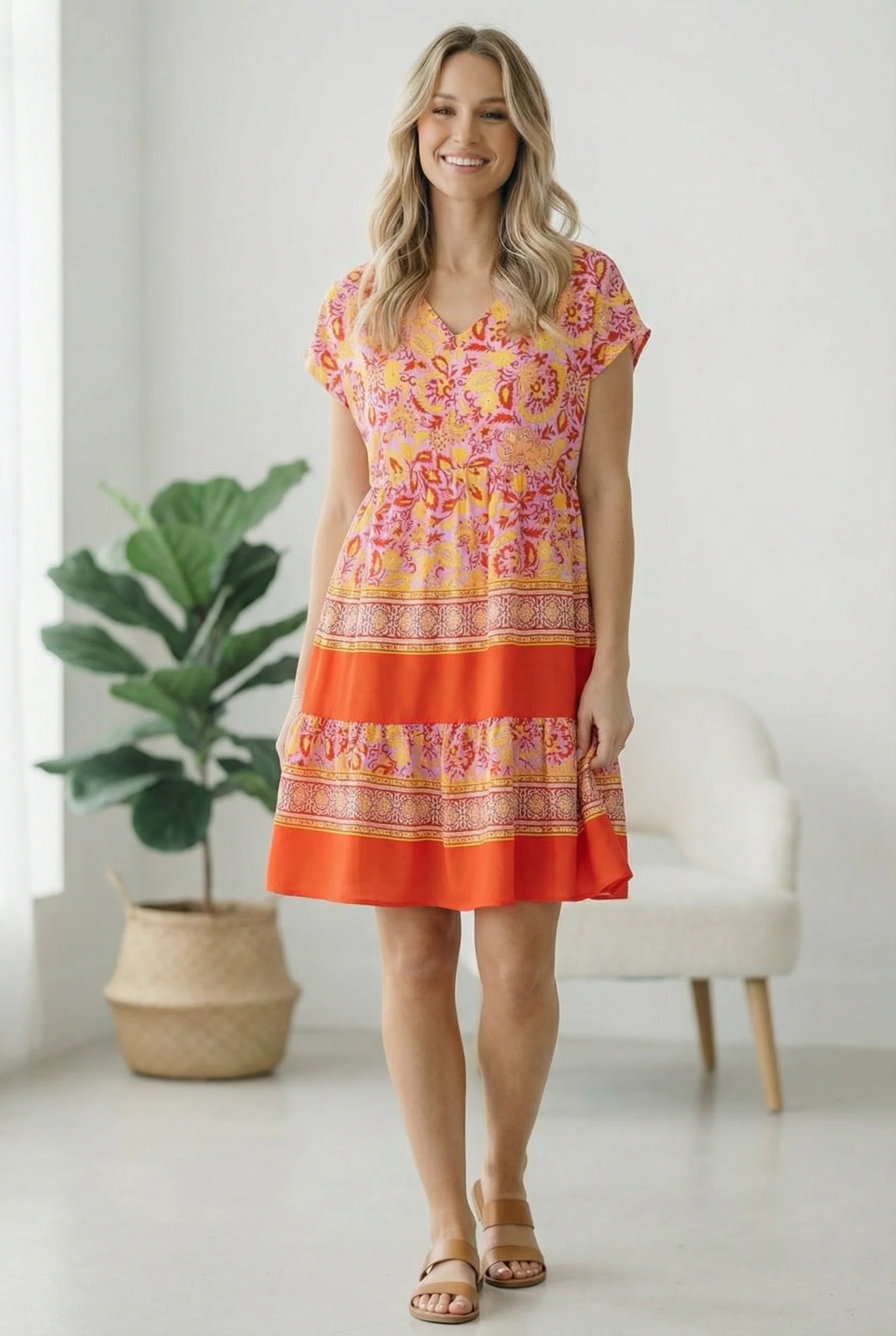 TIERED KNEE LENGTH FLORAL BORDER PRINT DRESS - Image 3
